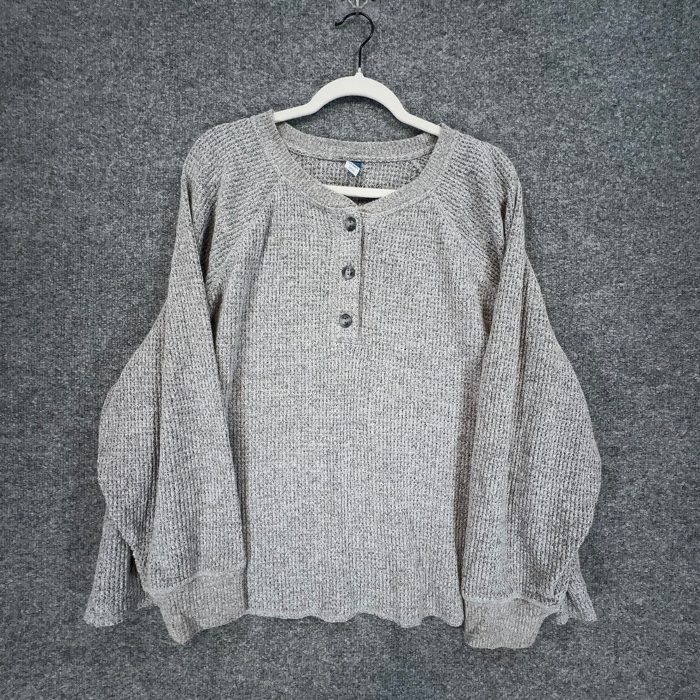 Old Navy Shirt Women 3X Gray Waffle Knit Henley Long Sleeve Plus Size Thermal